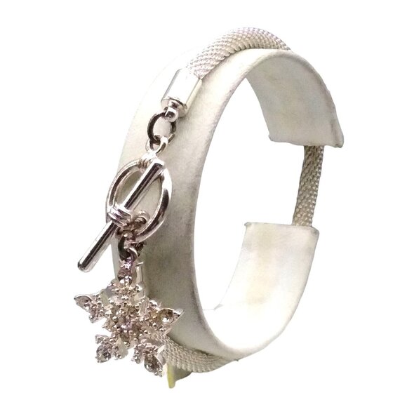 Silver Tone Mesh Bracelet, Snake Chain with Sparkling Crystal Snowflake Charm - Picture 1 of 5
